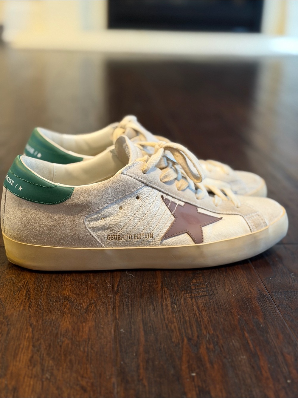 Golden Goose Low-Top Sneakers in Off-White with Green Heel and Pink Star